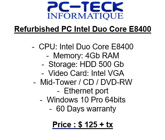 Ordinateur reconditionné Intel Duo Core E8400